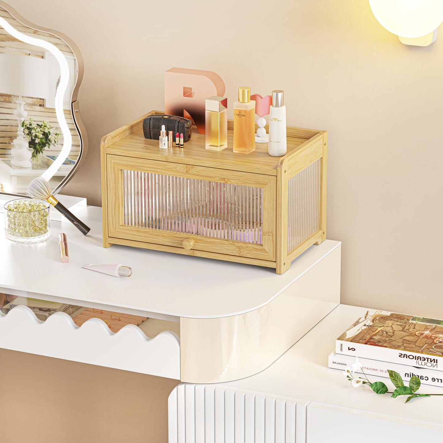 BAMBANG Extra Large Bamboo Bread Box for Kitchen Counter, Bread Storage Container Farmhouse Bread Box with 4 Sides Transparency, Wooden Breadbox Bread Bin Holder for Homemade Bread, Natural