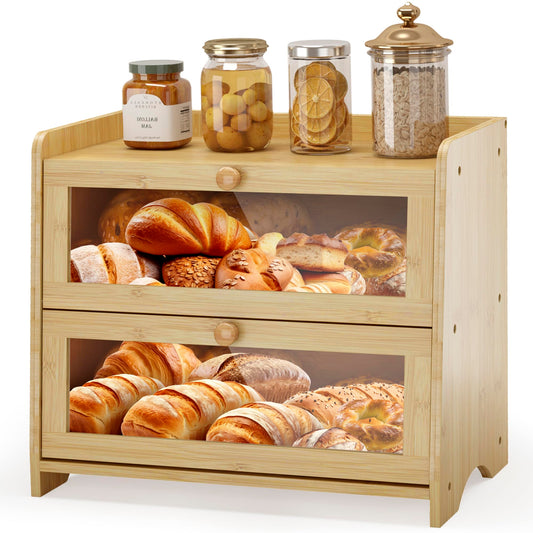 Double Layer Bread Box for Kitchen Countertop, Large Breadbox Bread with Windows, Wooden Farmhouse Bread Holder (Black)