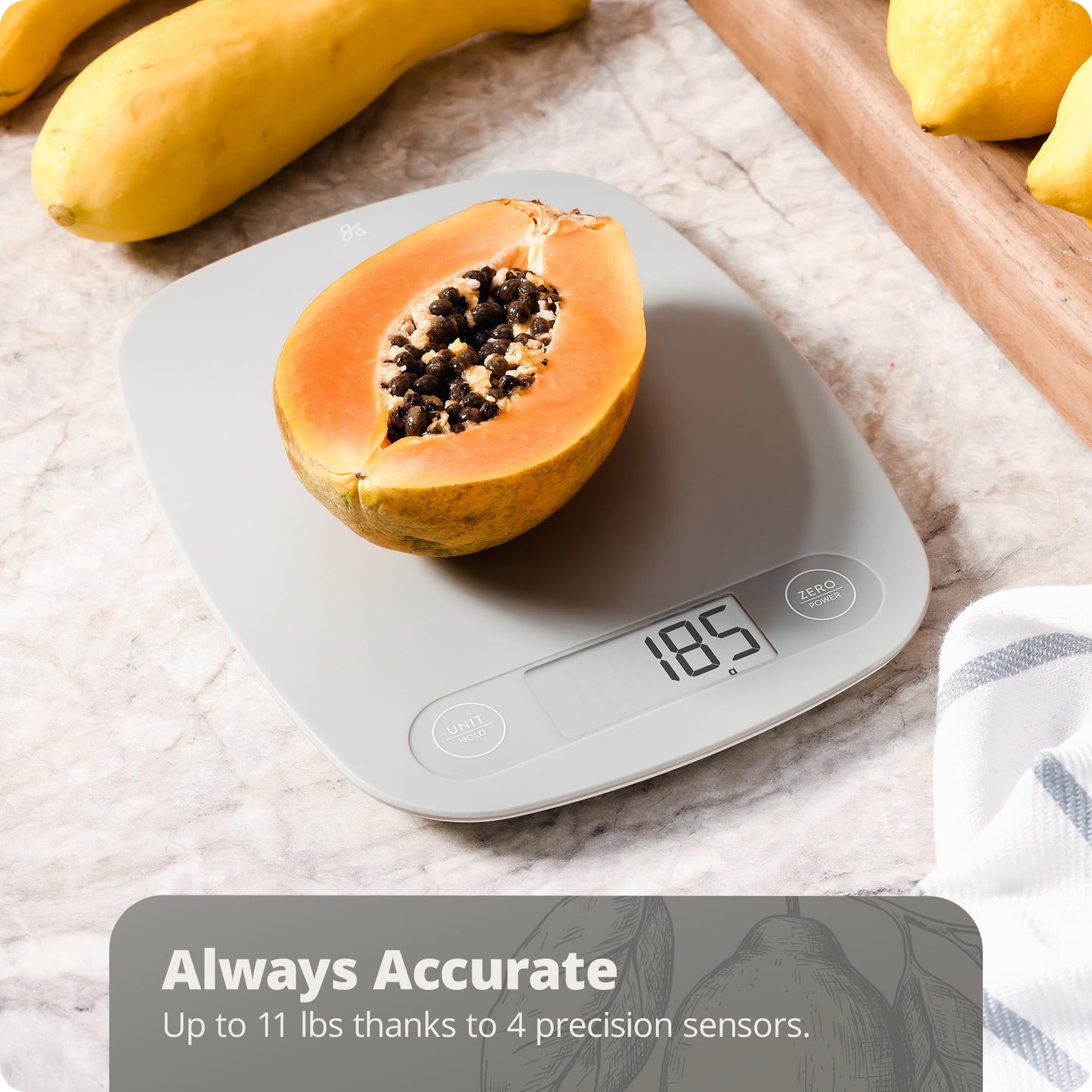 Greater Goods Digital Kitchen Scale - Cooking, Baking, Meal and Food Prep Scale, Weighs in Grams, Pounds and Ounces, Gray
