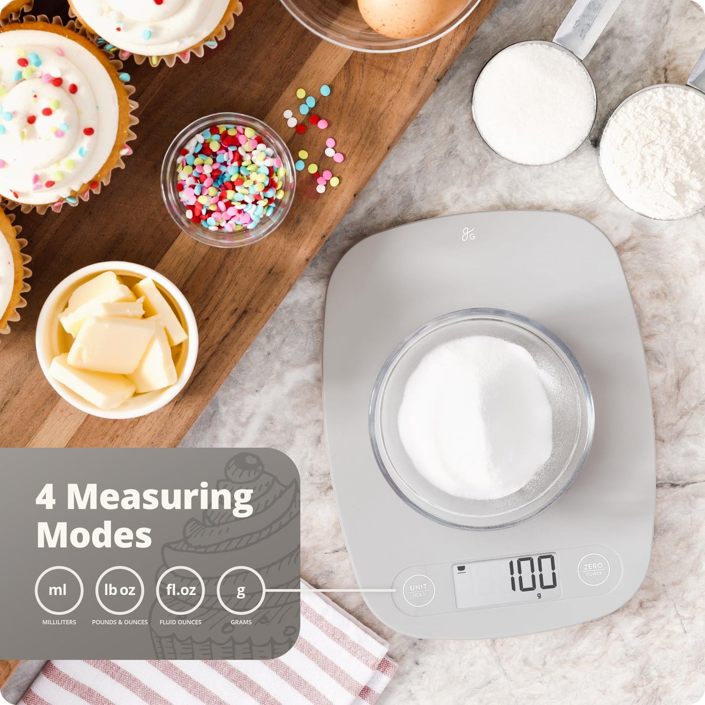 Greater Goods Digital Kitchen Scale - Cooking, Baking, Meal and Food Prep Scale, Weighs in Grams, Pounds and Ounces, Gray