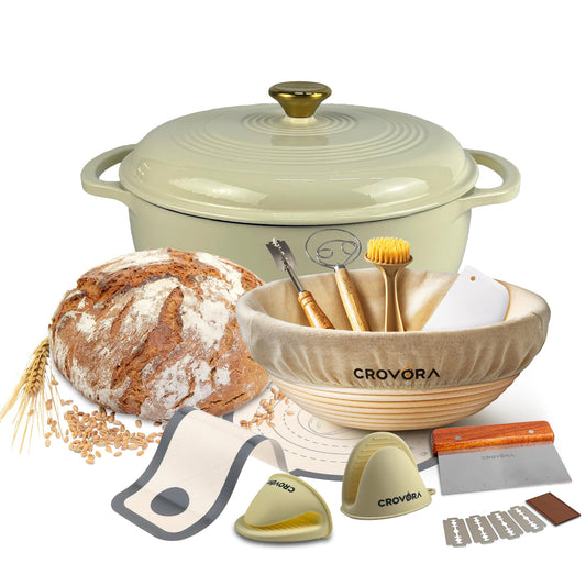 6 QT Enameled Cast Iron Dutch Oven for Bread Baking with Lid - Incl. Sourdough Bread Baking Supplies like Banneton Bread Proofing Basket, Cast Iron Bread Oven, Bread Pan, bread making tools