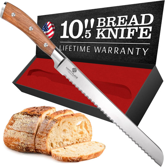 HAPPY PLACE PRODUCTS Bread Knife – 10.5" Serrated Slicing Blade – High Carbon Stainless Steel Cutter for Homemade Bread, Cake, Loaves, Baguettes – Ergonomic Wooden Handle – Double-Bevel Edge