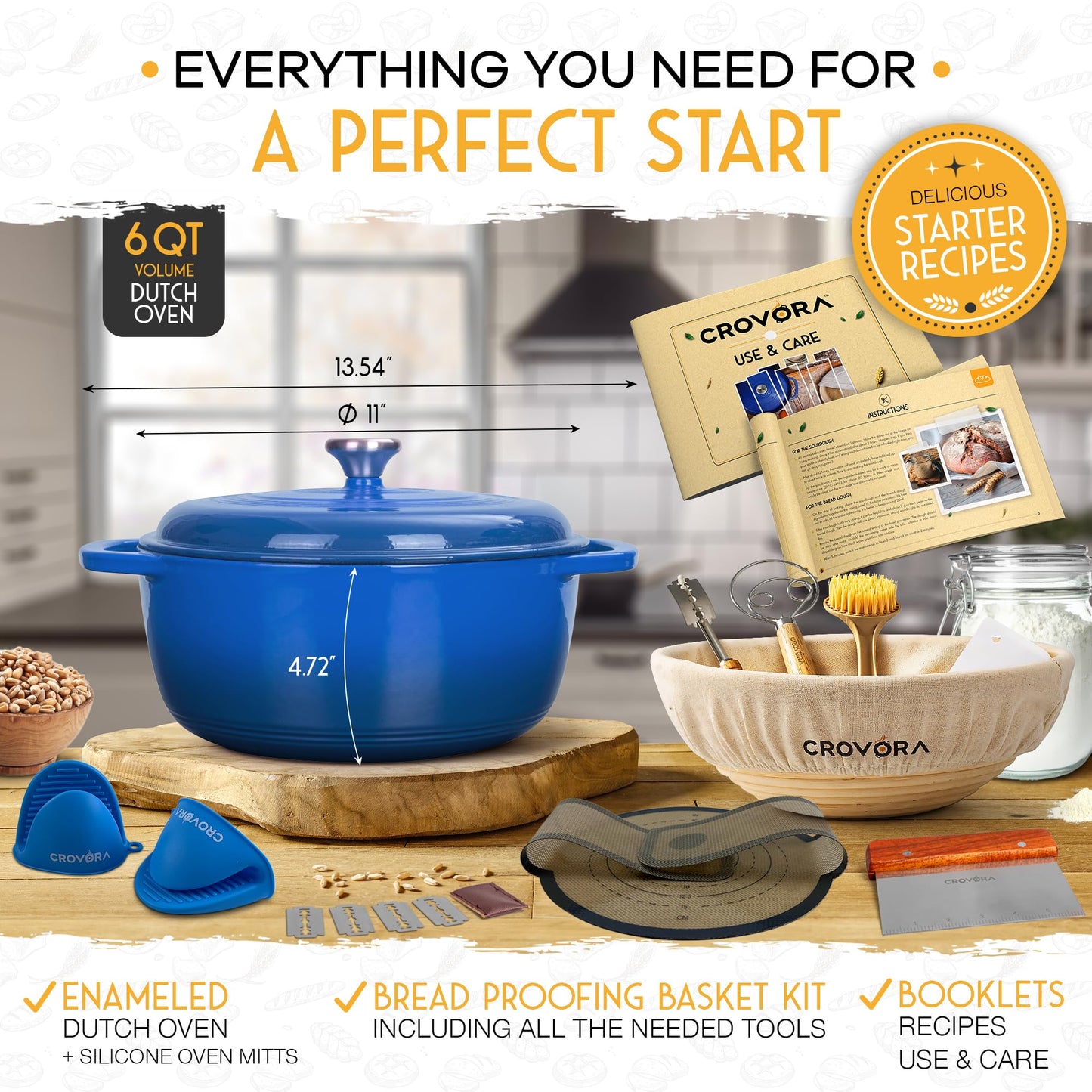 6 QT Enameled Cast Iron Dutch Oven for Bread Baking with Lid - Incl. Sourdough Bread Baking Supplies like Banneton Bread Proofing Basket, Cast Iron Bread Oven, Bread Pan, bread making tools