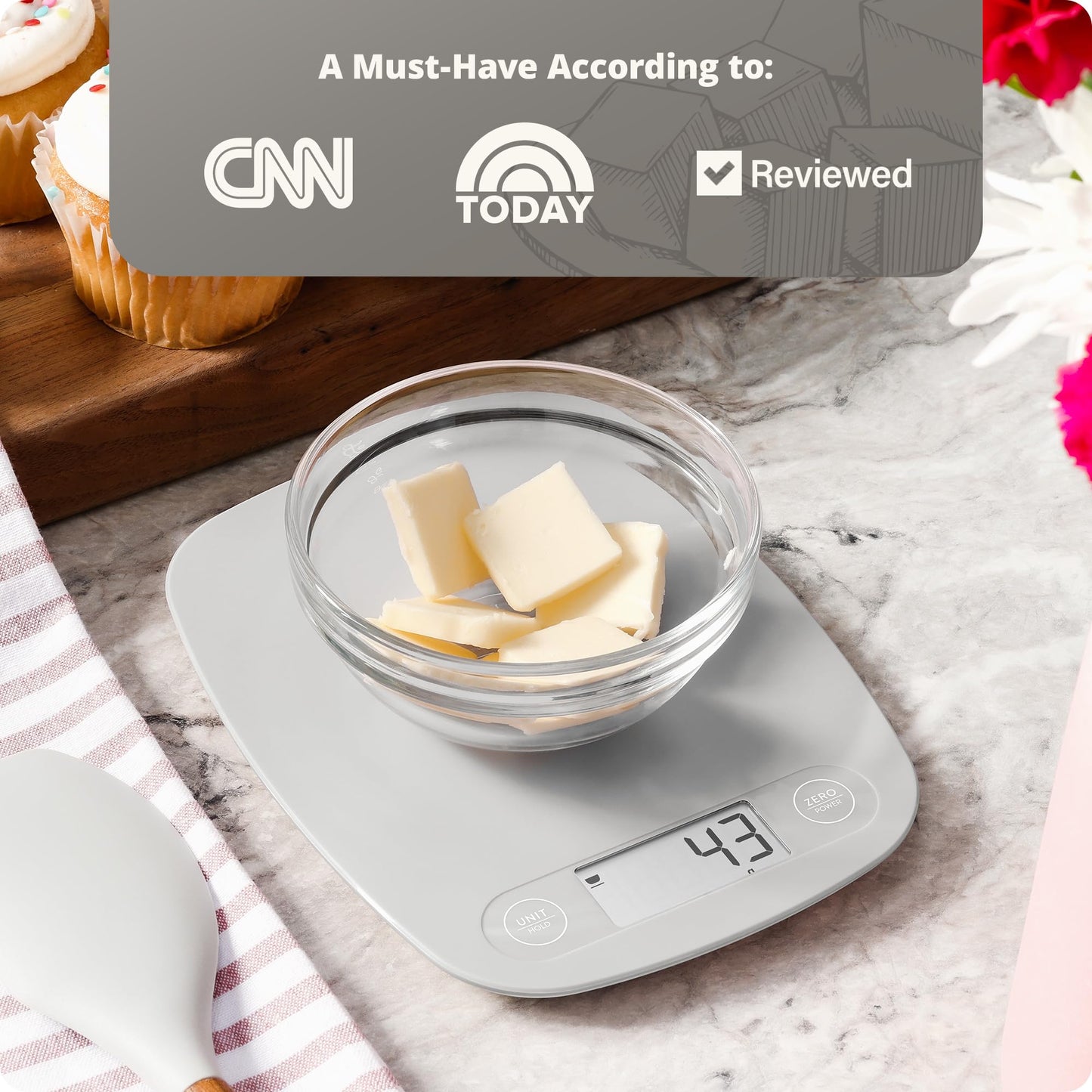 Greater Goods Digital Kitchen Scale - Cooking, Baking, Meal and Food Prep Scale, Weighs in Grams, Pounds and Ounces, Gray