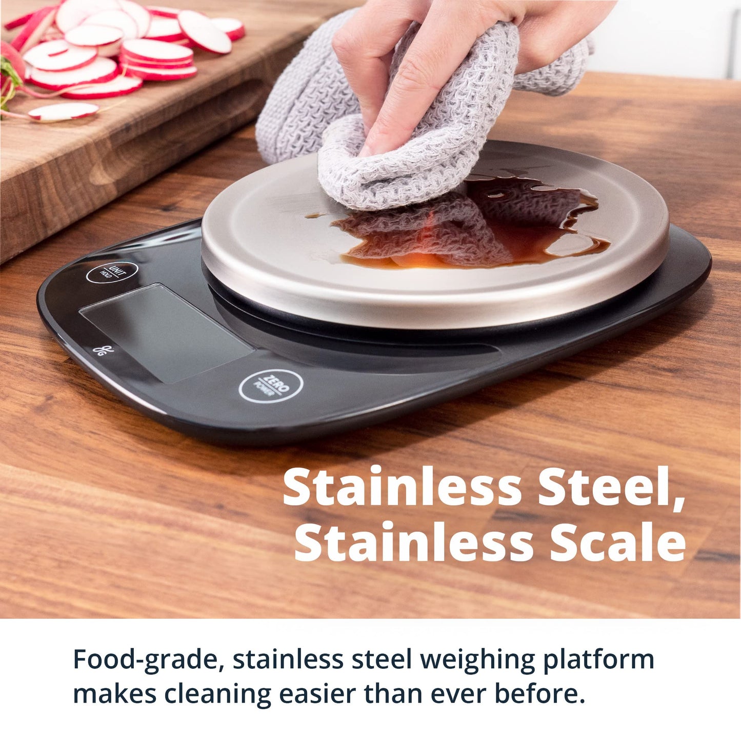 Greater Goods Digital Kitchen Scale - Cooking, Baking, Meal and Food Prep Scale, Weighs in Grams, Pounds and Ounces, Gray