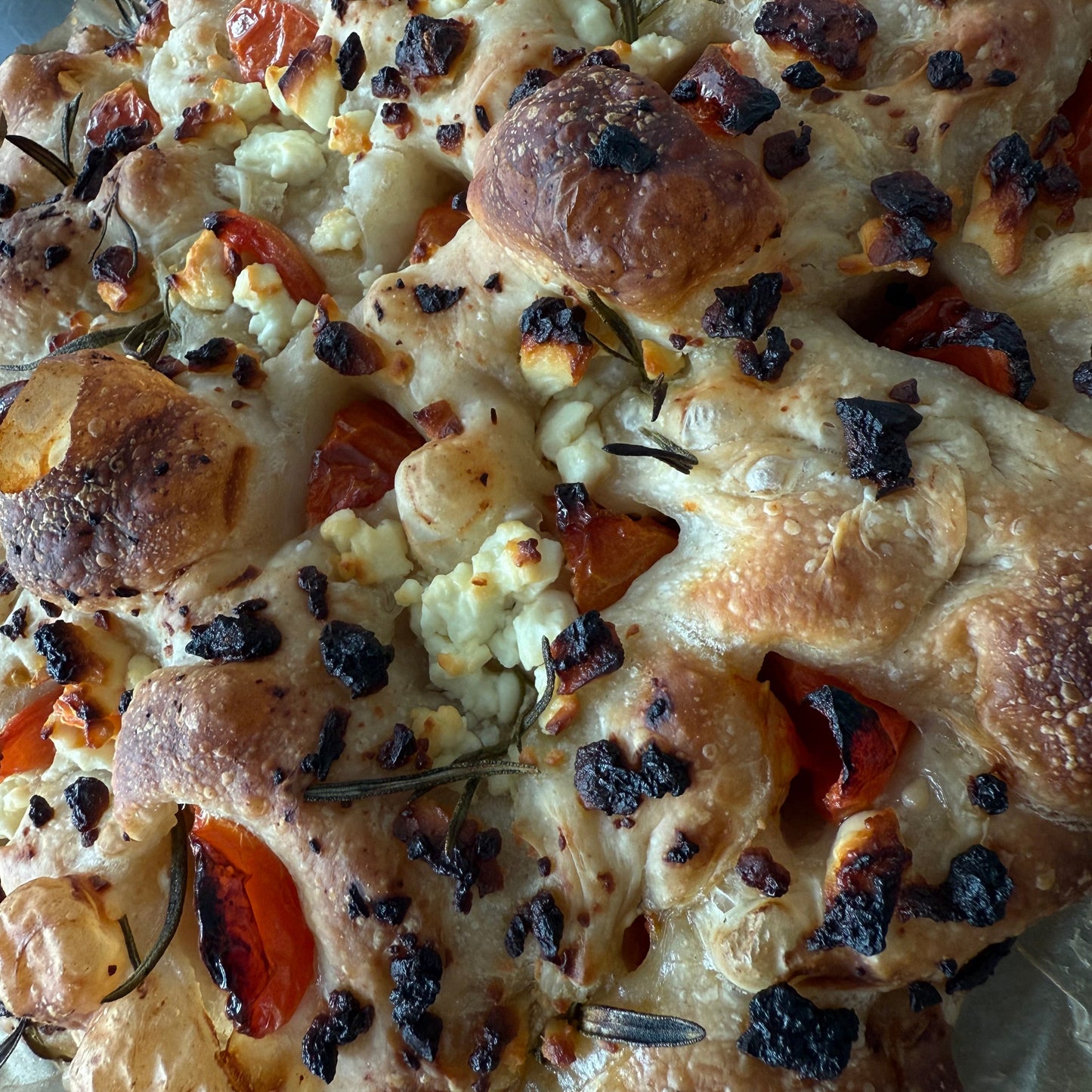 SOURDOUGH FOCCACIA WITH FETA CHEESE, TOMATOES AND OLIVES