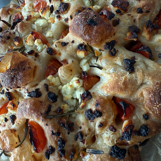 SOURDOUGH FOCCACIA WITH FETA CHEESE, TOMATOES AND OLIVES